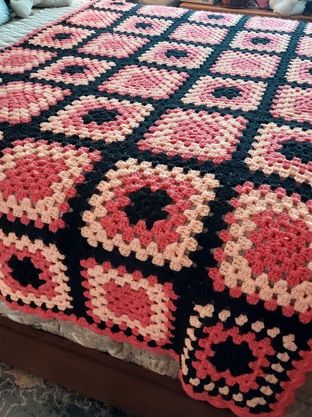 Handmade Melon, Black & Pink Crochet Granny Square Throw Blanket -Cozy 48" X 90"